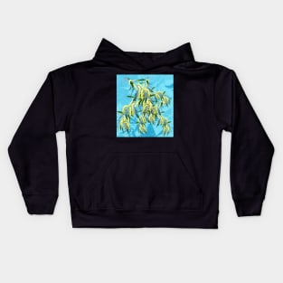 Beautiful Australian Wattle blooms against a textured blue background Kids Hoodie